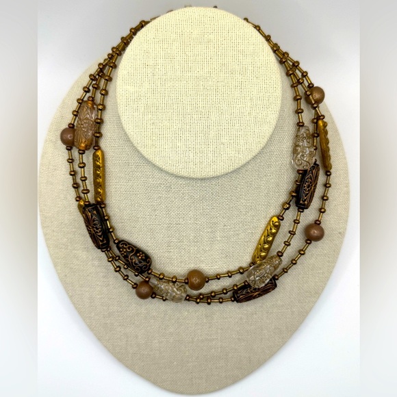 CHICO'S Necklace Multi Strand Layer Gold Tone Brown Clear Metallic Sand Beads - Picture 3 of 5